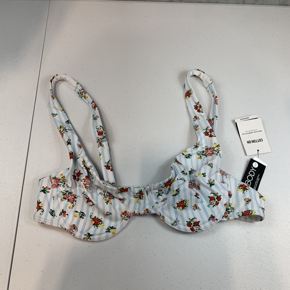 Cotton On Body Women's Swim Bikini Top Large Underwire Floral Blue White Stripe